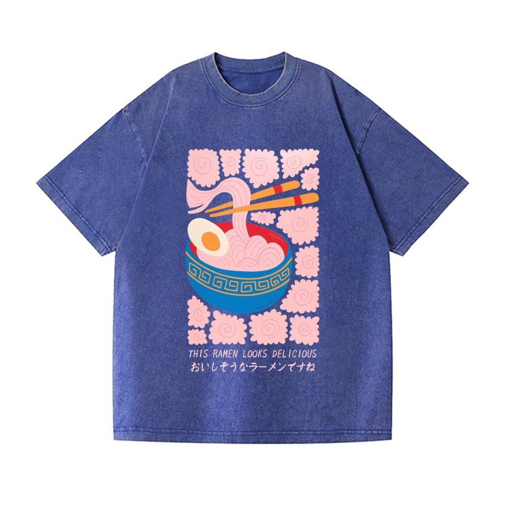 Vintage Cotton Washed T-Shirt Fashion Ramen Printed Summer Dropped Shoulder Harajuku Sports Tees Oversized Crew Neck Tunics