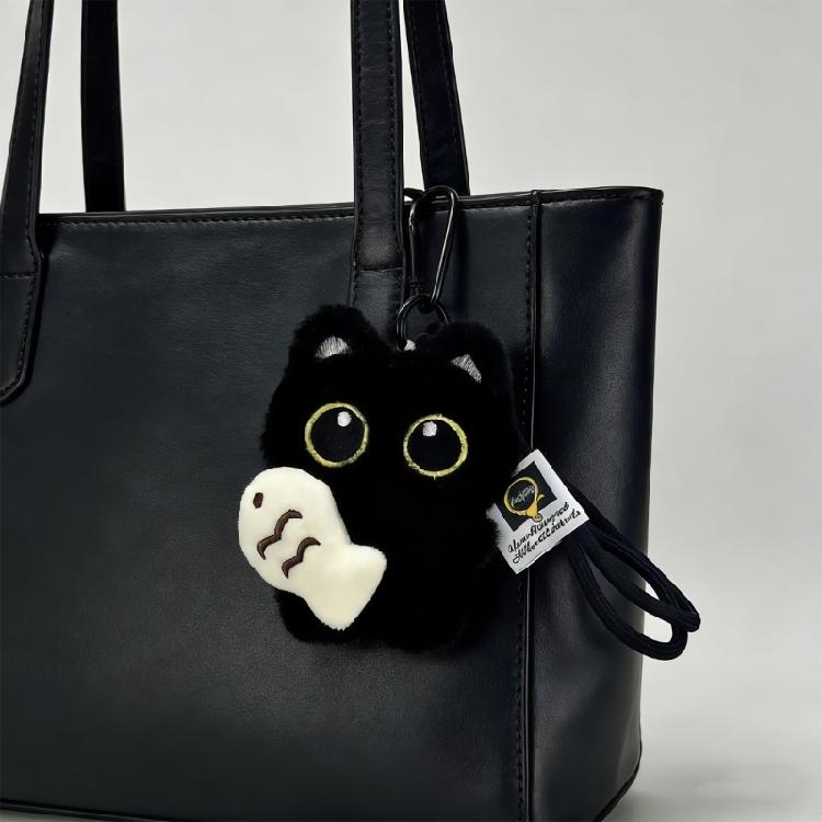 2 Pieces Black Kitten Holding Fish Soft Plush Ornaments Versatile Bag Charm Great for Women Decors