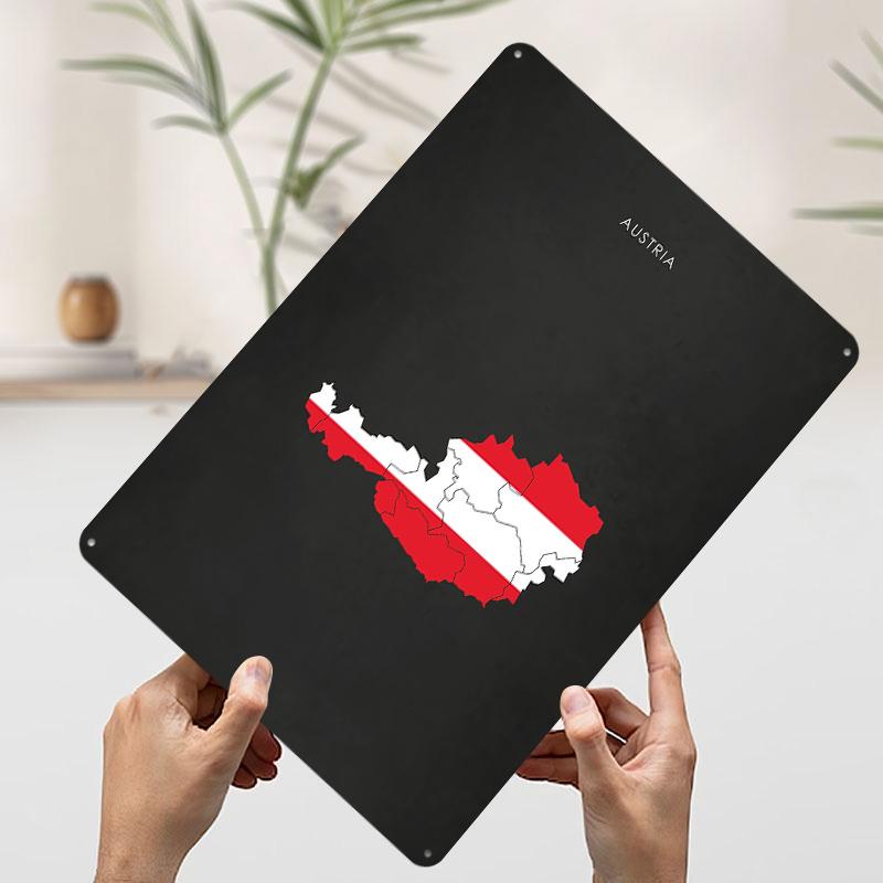 Austria Flag Map Poster Customized Wall Art Vintage Metal Signs Retro Tin Plaque for Man Cave Gaming Room Decoration Garage Home 20x30cm(7.8x11.8inch)