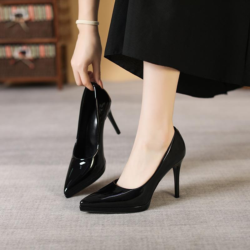 Soft leather nude high heels women's new patent leather pointed sexy stiletto shoes black professional work shoes