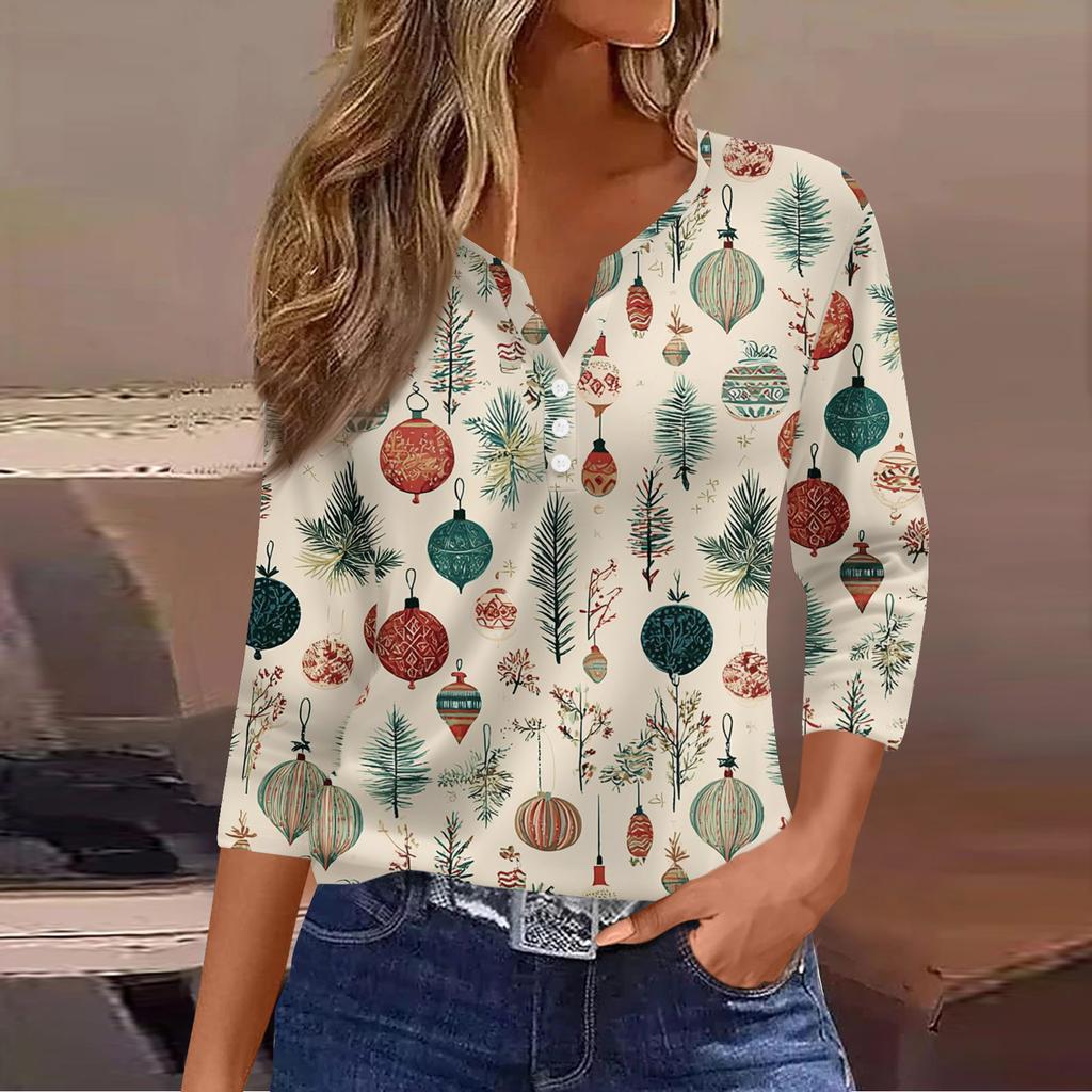Women's Casual Fashion V-neck Loose Versatile Christmas Print Three-quarter Sleeve Top