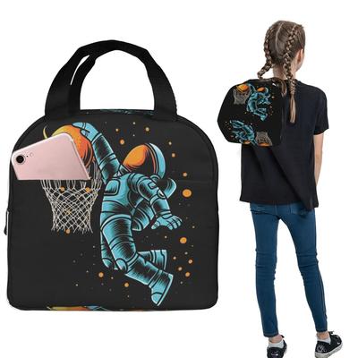Astronaut hrající basketbal ve vesmíru Izolovaná svačinová taška pro ženy Děti Přenosné krabičky na jídlo Termosvačinový box Tote taška