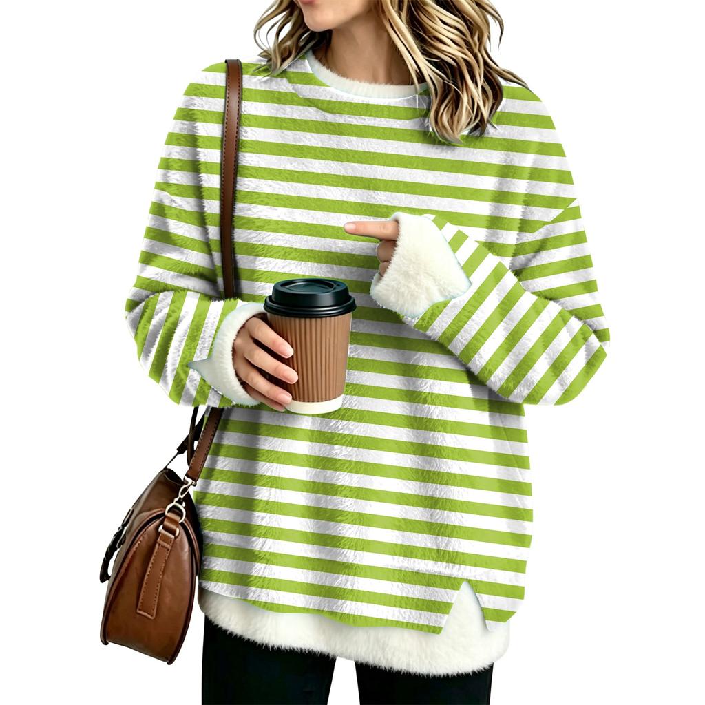 Women's Fashion Flannel Round Neck Two-Piece Striped Print Top with Spliced Design