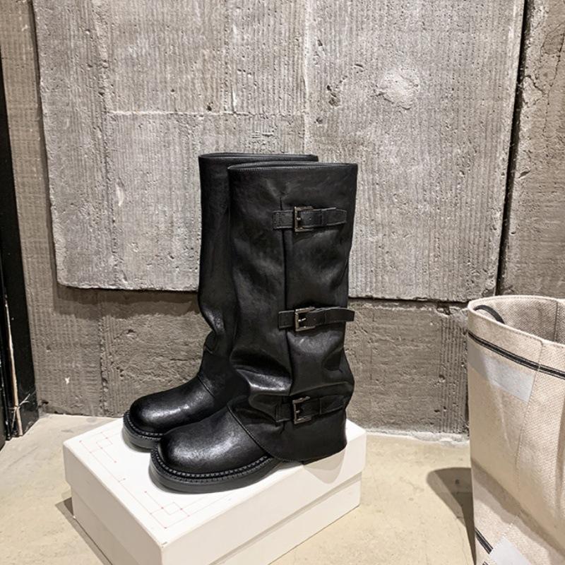 Spice Girls Pants Boots~ Thick-soled Height-increasing Buckle Mid-tube Western Boots 2025 New Knight Boots Women's Pile Boots