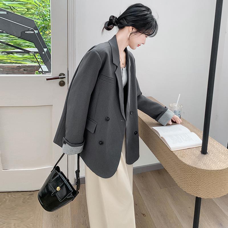 Gray Fashion Temperament Double-breasted Blazer Women's Spring New Loose and Thin Versatile Suit