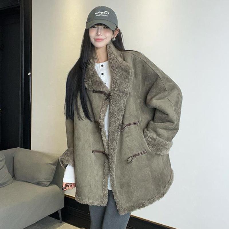 Winter Notting Hill double-sided wear imitation lamb wool suede horn buckle jacket women's winter loose tall fur integration