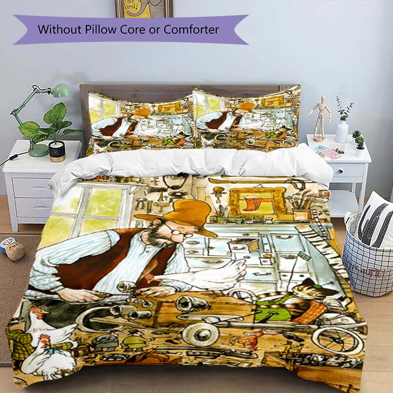 3pcs Duvet Cover Set (1*Duvet Cover + 2*Pillowcase, Without Core), Pettersson und Findus Print Bedding Set, Bedroom Decor, All‑Season, Birthday Gift