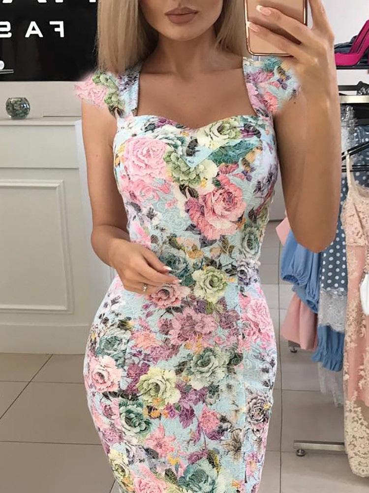 2020 Summer Rose Print Sweetheart Neck Scallop Shoulder Slimming Women's Dress
