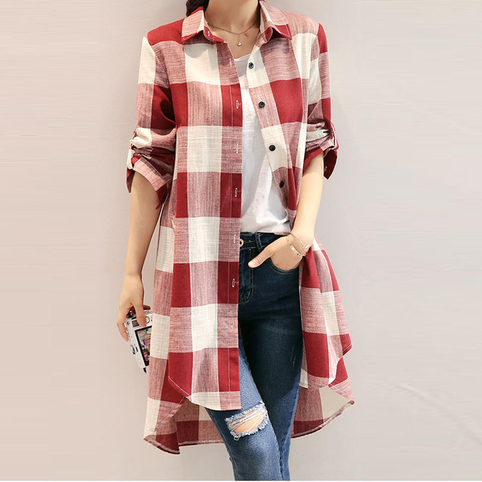 

Women s Fashion Plaid Shirt, Mid-Length Long-Sleeved Shirt, Loose-Fitting Casual Jacket L