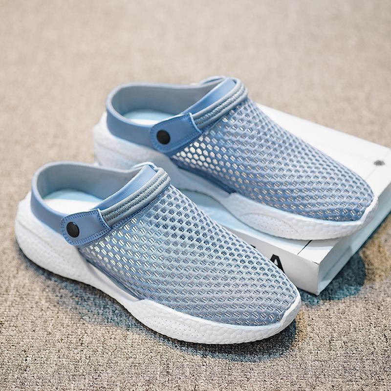Sandals Men's Summer New Single-mesh Breathable and Lightweight Outer Wear Half-tray Sneakers Deodorant Hollowed-out Mesh Beach Shoes