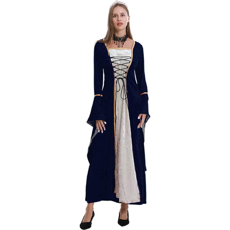 Hot Sale Women's Medieval Costumes Golden Velvet Straps Horn Sleeves Long Dresses Party Stage Performance Costumes
