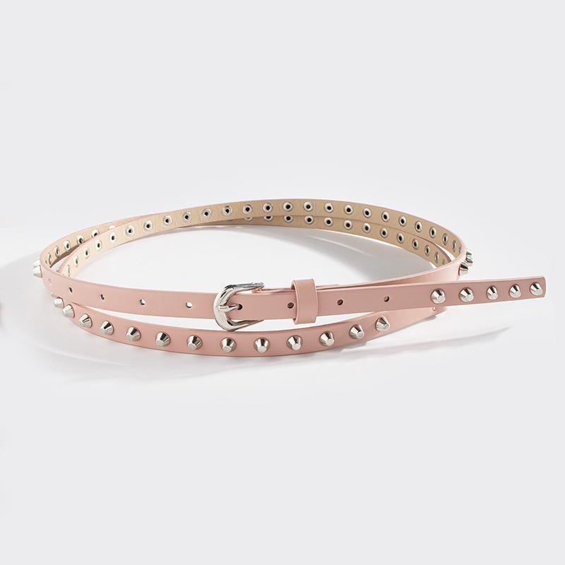 Neuer Damen-Doppelkreis Vielseitiger Lässiger Eimer-Nägel Dünner Gürtel Nieten Super Langer Punk-Denim Klassischer Damen-Gürtel