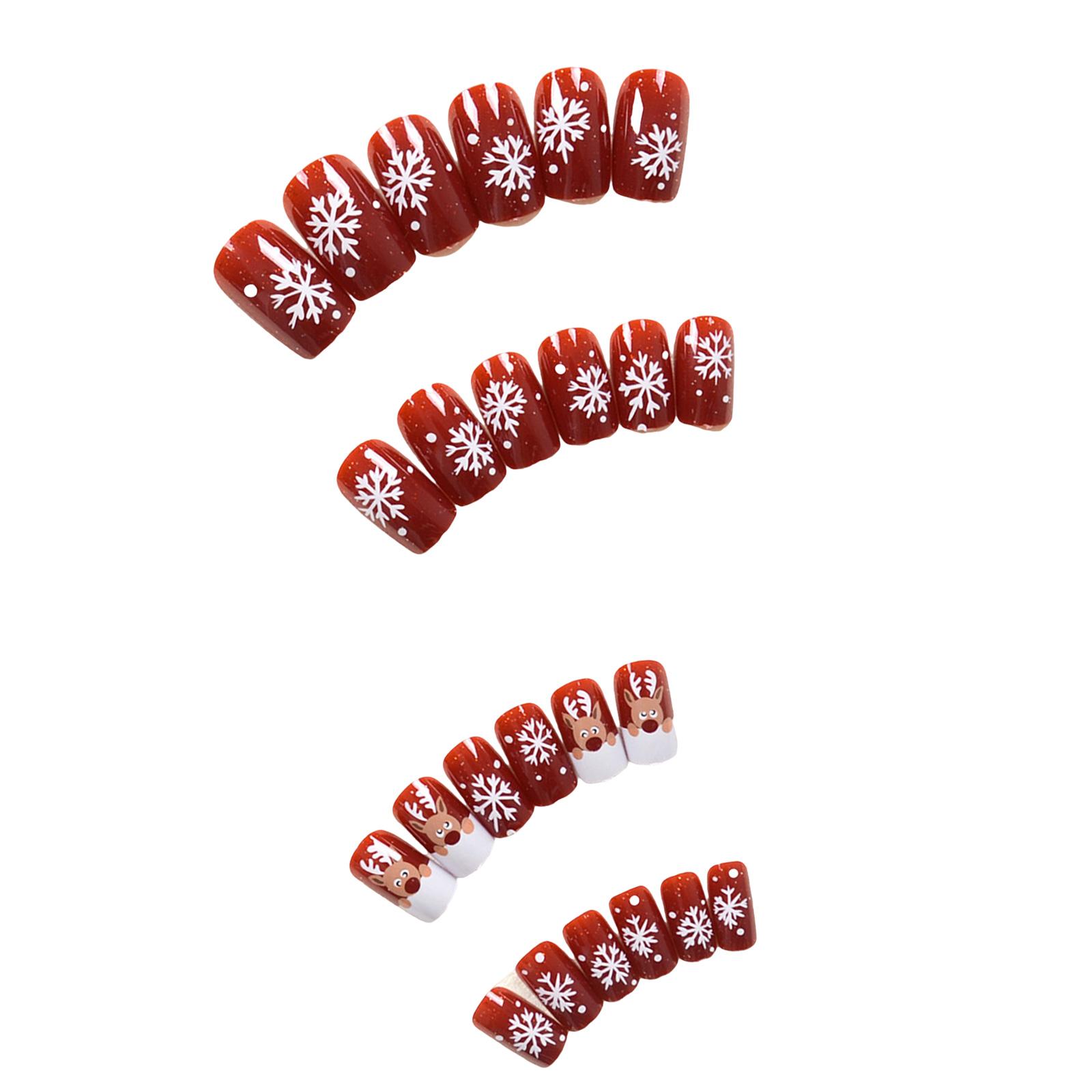 

Искусственные ногти с изображением оленя, рождественские наклейки на ногти, блестящие акриловые ногти, белые снежинки, полное покрытие, наклейки на ногти