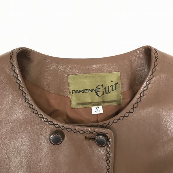 PARIENNE Cuir Lambskin Double Breasted Jacket No Collar Brown Women's L(USED)
