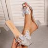 Fashion New Women's High Heels Summer Square Toe Open Toe Rhinestone Bow Clear Crystal Square Heel Non-Slip Slip Slippers