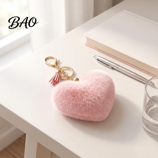 Heart Shaped Bag Ornament Plush Love Keychain for Backpack, Fuzzy Keyring Charm, Women Girls Handbags Decorative Accessory