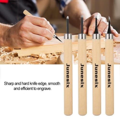 Wood Carving Tool Set, 4-Piece Set with Chisels, Extra Fine, Round, and Extra Fine, for Beginners, Manual Sharpener, Rubber Stamp, Knife Carving Tool