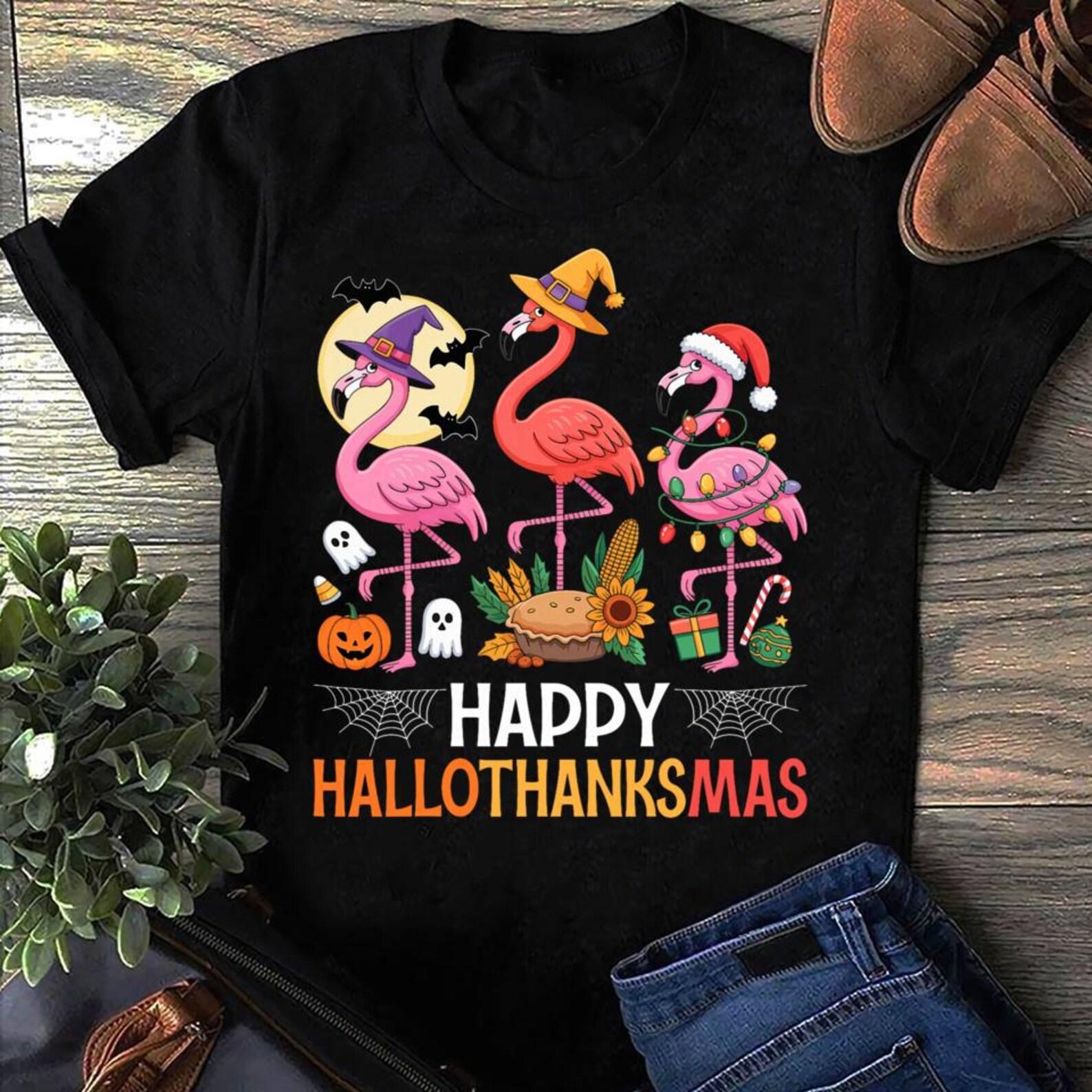 Happy Hallothanksmas Xmas Halloween Thanksgiving Flamingo Trending, Flamingo Lover Shirt, Pink Flamingo T-Shirt, Flamingo Lover Gift 2XL