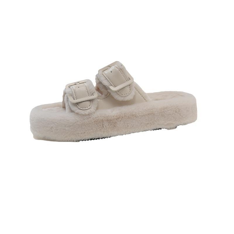 Thick Bottom Heightening Large Size Fluffy Slippers Women's Outer Wear 2025 New Autumn and Winter Fashion Leather Buckle Cotton Mop