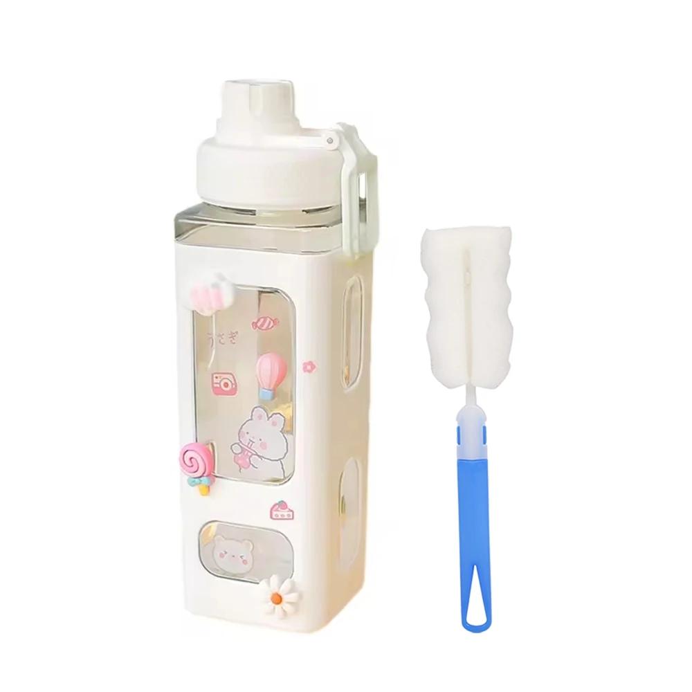 

2-piece Set Large Kawaii Water Bottle with Straw and 3D Stickers Cute Kawaii Milk Bottle Tea Cup Juice Shaker Portable Silicone 700ml