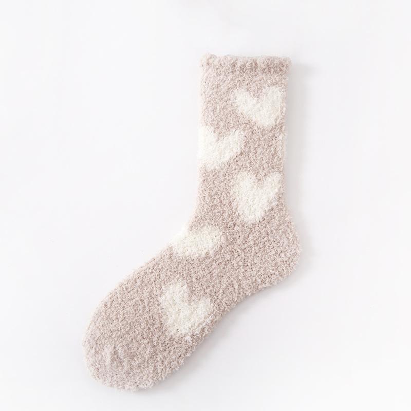 5/10 Pairs Casual Autumn Winter Thickened Socks for Women with Coral Fleece No Shedding Home Warmth Mid Calf Length Simple Heart Shaped Sleep Socks
