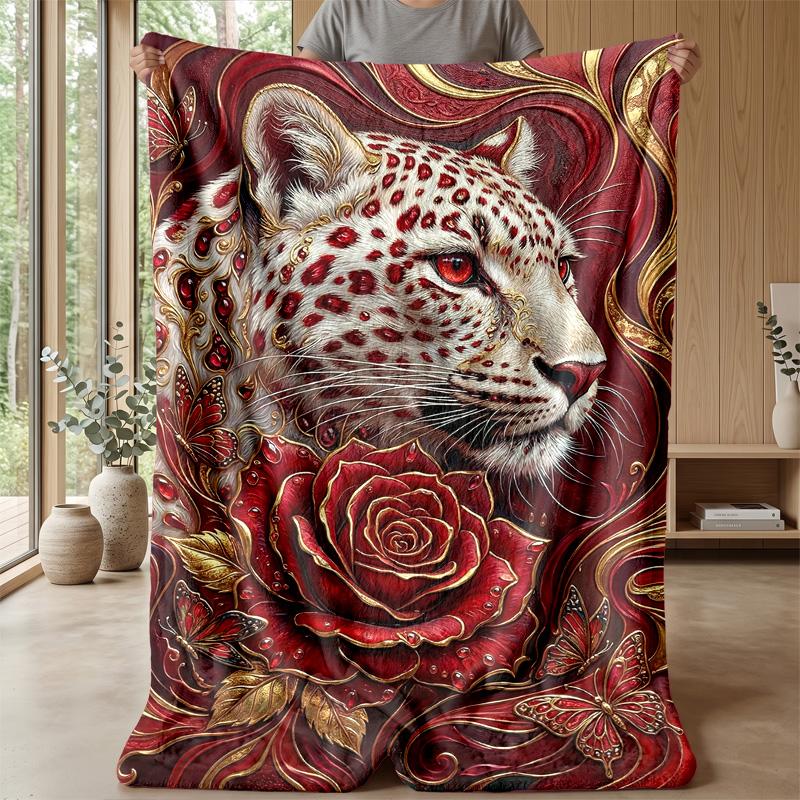 Leopard and Blue Roses Theme blanket Lightweight Warm Flannel Blanket Decorative Throw Blanket for Home Decoration