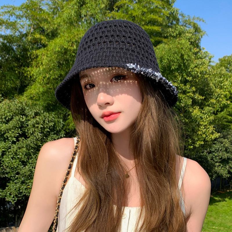Mesh knitted hollow straw hat summer hat women's sunscreen hat solid color outdoor visor lace fashion bucket hat