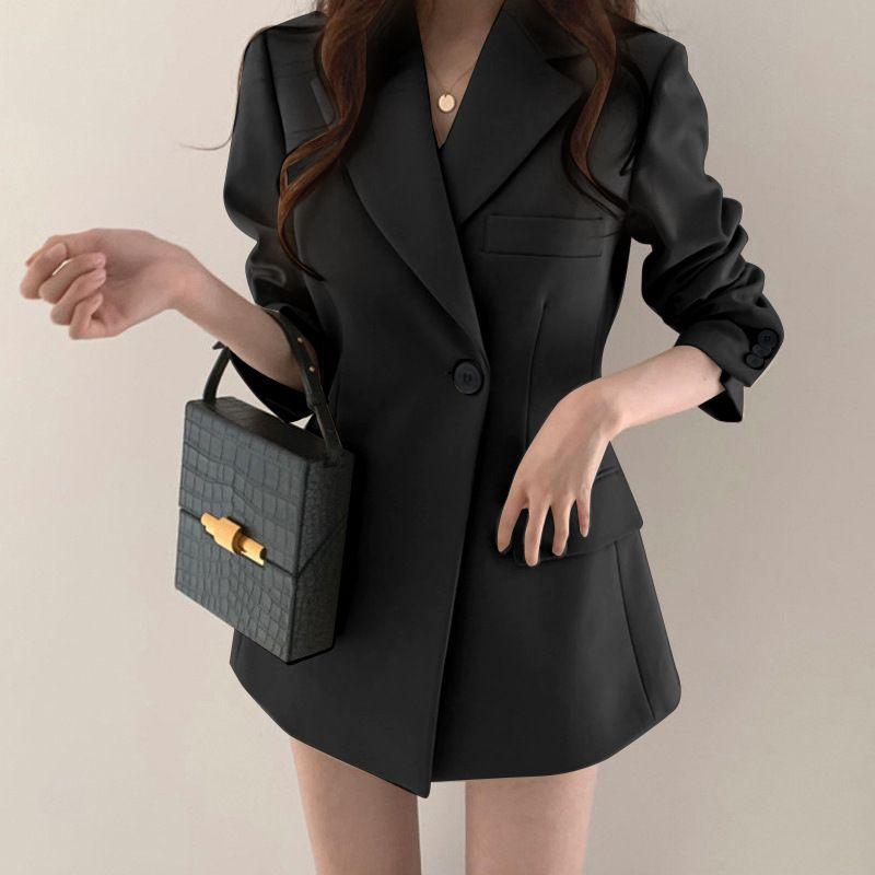 

Thin Women s Suit Jacket Retro Blouse Mid-length Spring and Autumn Waist Small Suit Hong Kong Style Khaki XXXL чёрный