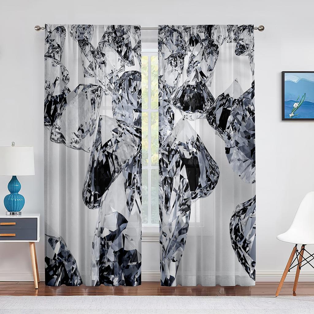 Falling Jewelry Diamonds On The Black Background Tulle Curtains for Living Room Bedroom Decor Chiffon Sheer Voile Window Curtain