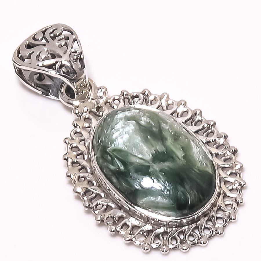 Natural Seraphinite Gemstone 925 Solid Sterling Silver Gift Pendant 1.58" K3S80