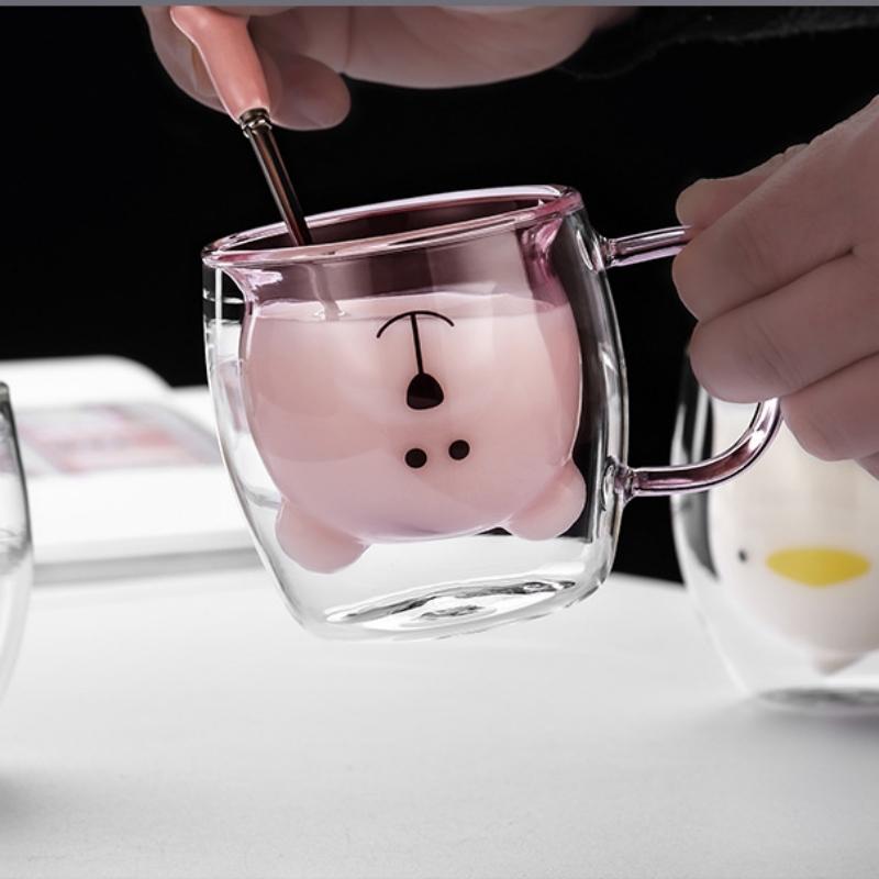 Творчий милий ведмідь Двошарова чашка для кави Подвійна скляна чашка Картонна коробка Тварина Молочне скло Леді Мила кішка Качка Собака Подарунок Різдвяний подарунок