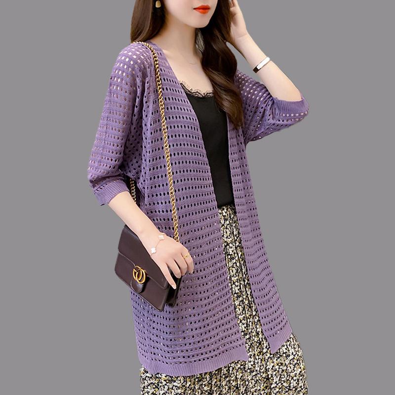 Summer Loose Thin Section Placket Women's Mid-length Knit Shirt New Hollow Shirt V-neck Sun Shawl Jacket