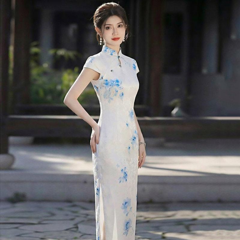 Blue and white national style new Chinese Suzhou long cheongsam improved young 1011 new women's high-end catwalk summer