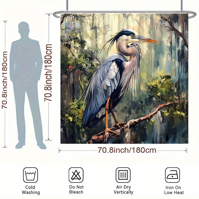 Great Blue Heron Forest Shower Curtain - Realistic Style, Moss-Covered Branch & Lush Greenery, Polyester, Washable, Bath Decor