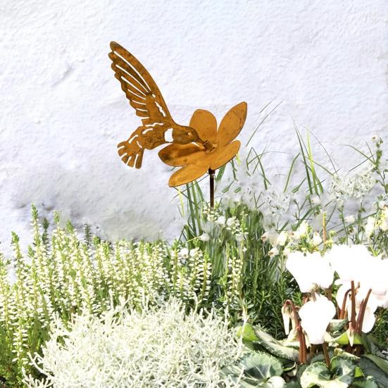 Rusty Hummingbird Flower Garden Stake Weather-proof Metal Outdoor Yard Lawn Patio Pathway Iron Floral Bird Stake Decoration Ornament