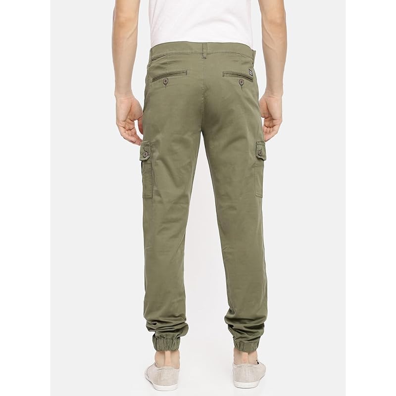 The Indian Garage Co Men Slim Fit Solid Mid-Rise Cuffed Cargos Black 34 зелёный