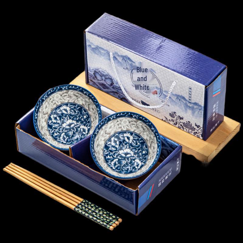 Blue & White Ceramic Bowl & Chopsticks Gift Set