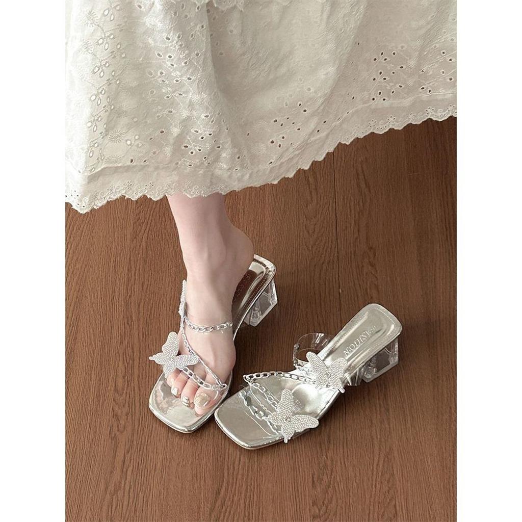 European and American cool slippers fairy shoes 2025 new summer rhinestone bow thick heel platform shoes high heel sandals