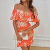 Summer New Floral Print One-word Shoulder Hip Dress Tropical Vacation Elegant Dress