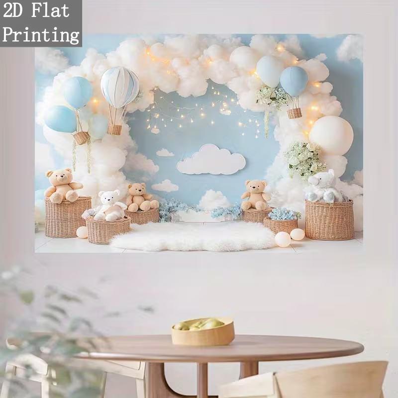 2D Blue Hot Air Balloon Teddy Bear Backdrop Baby Shower Photography Background
