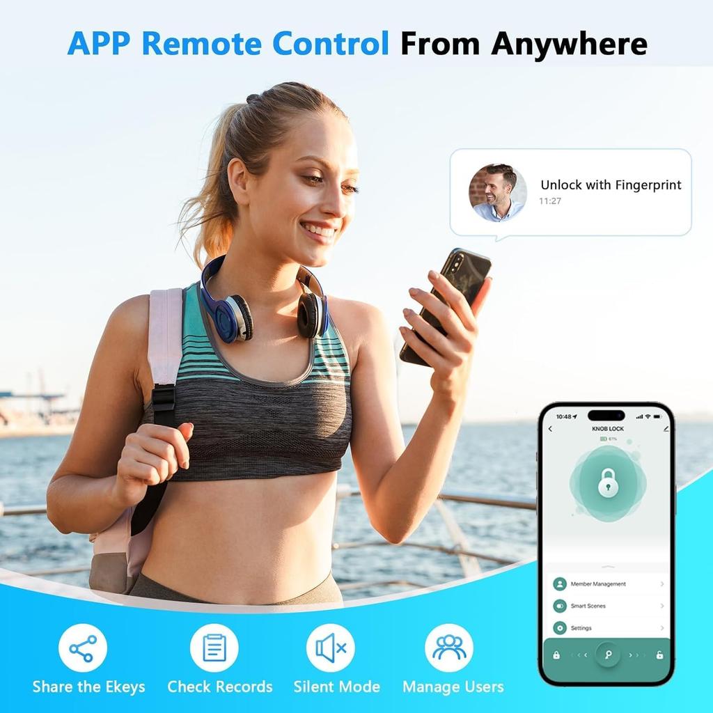 Fingerprint Door Lock, Smart Door knob, Biometric Door Lock, Bedroom Door knob with Code and App, Keypad Keyless Entry with Handle for Home Hotel