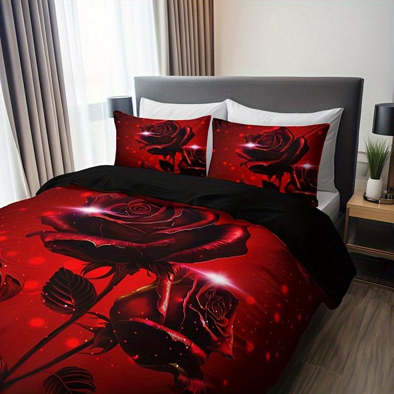 3pcs Red Rose Floral Duvet Cover Set WIth Pillowcases High-Definition Printed Bedding Sets No Filling Queen Size For Girls Room