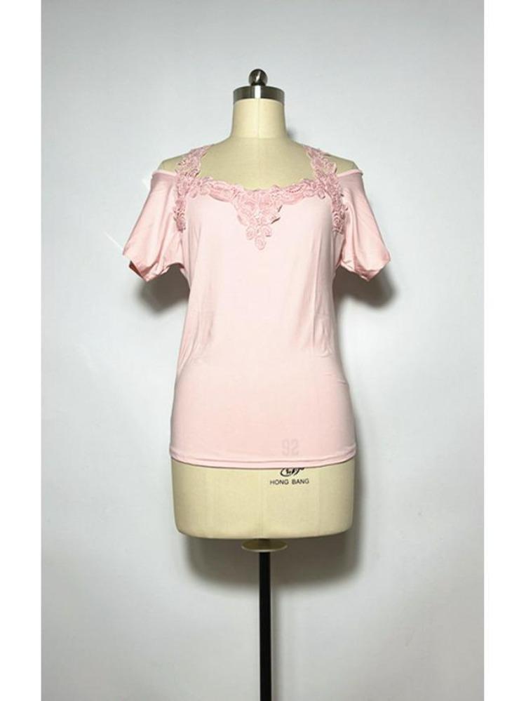 American Style European Women's Casual Loose V Neck Short Sleeve T Shirt with Lace Splice