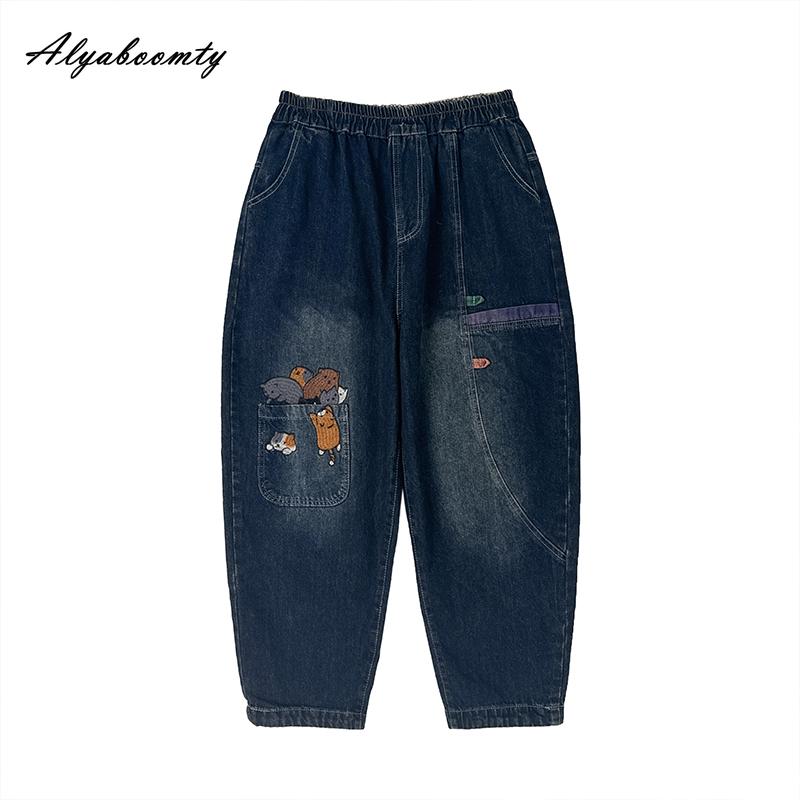 Stil coreean, toamnă, primăvară, ocazional, blugi largi, broderii cu talie înaltă, pantaloni din denim din desene animate, blugi vintage, blugi asortați