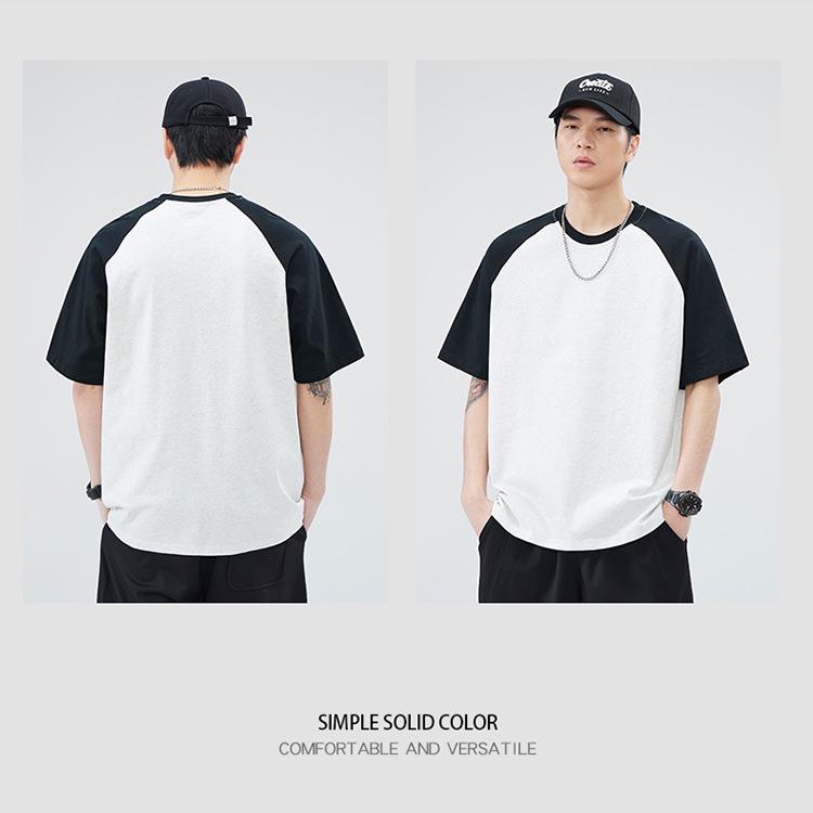 250G Men's Summer Trendy Color Block Raglan Tee - Heavyweight Pure Cotton, Loose Fit, Short Sleeve