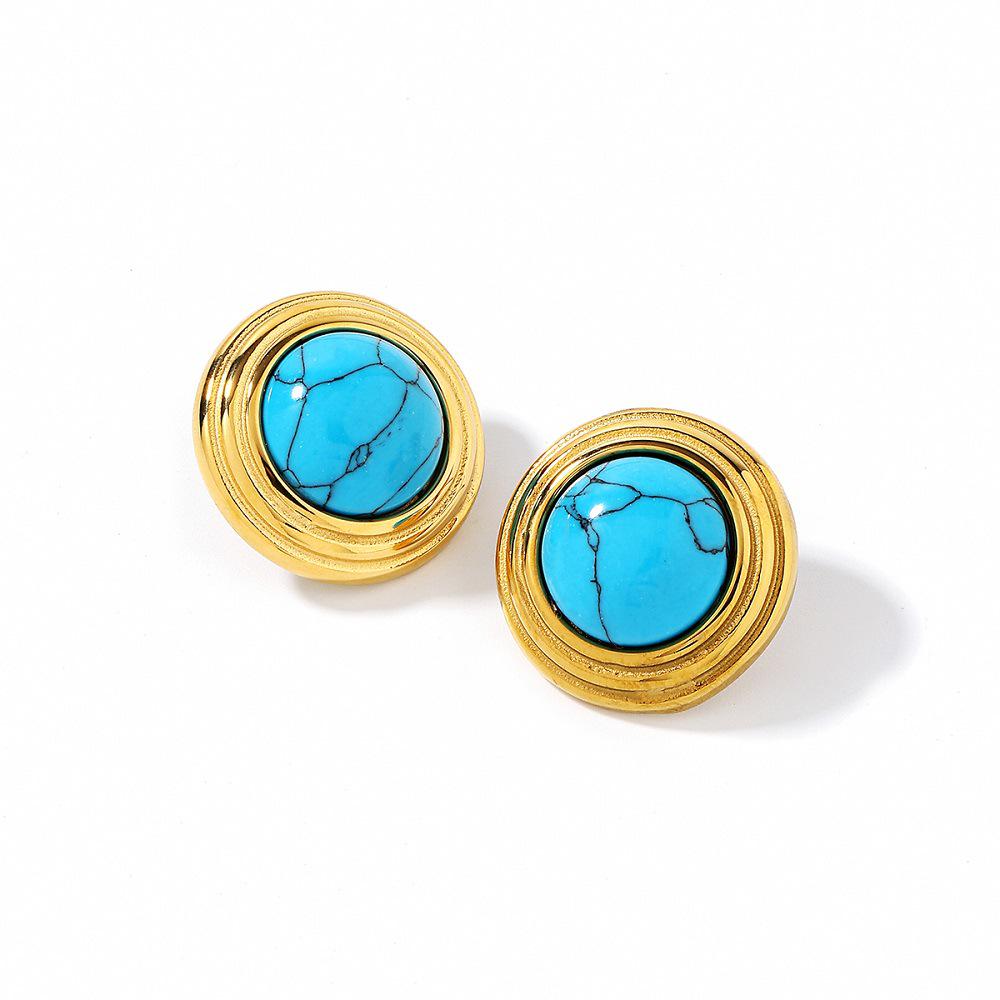Ying Tai 18K Gold Vacuum Plated Stainless Steel Turquoise Texture Stud Earrings - Non-fading, High Polish Finish.