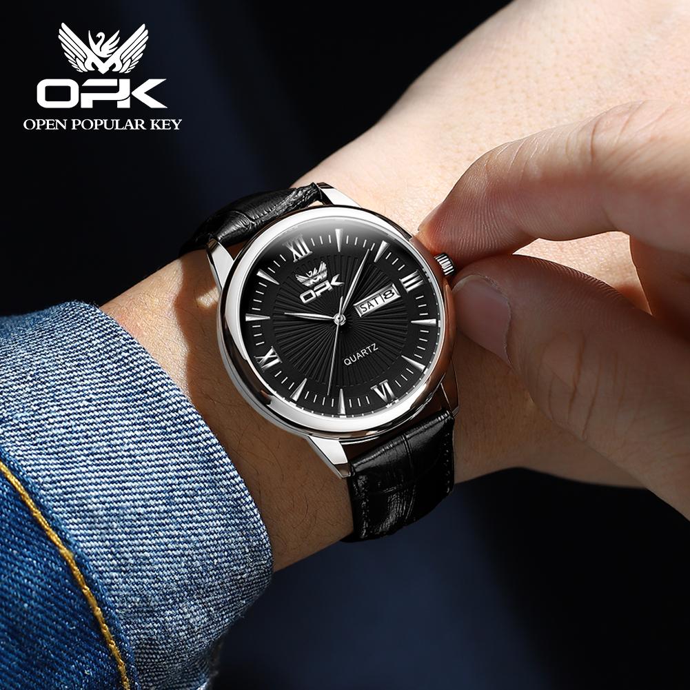 OPK 6014 Fashion Simple Man Watch Leather Strap Dual Calendar Waterproof Original Quartz Men's Wristwatch
