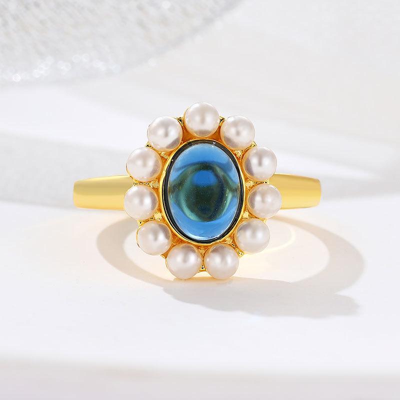 Inlaid Sapphire Small Pearl Ring Women's Retro Temperament Niche Light Luxury Fashion Atmospheric Ring Jewelry