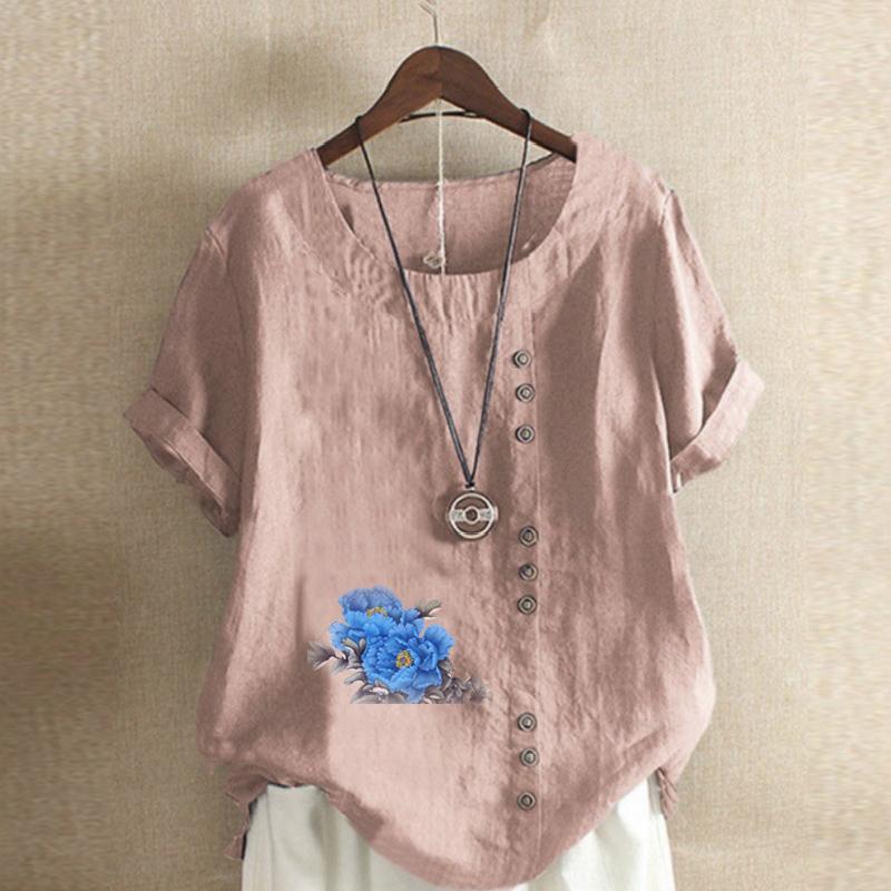 Women's Fashion Round Neck Short Sleeve T-shirt Casual Cotton Linen Graphic Shirt Leisure Loose Blue Flower Prined Summer Blouse Tops