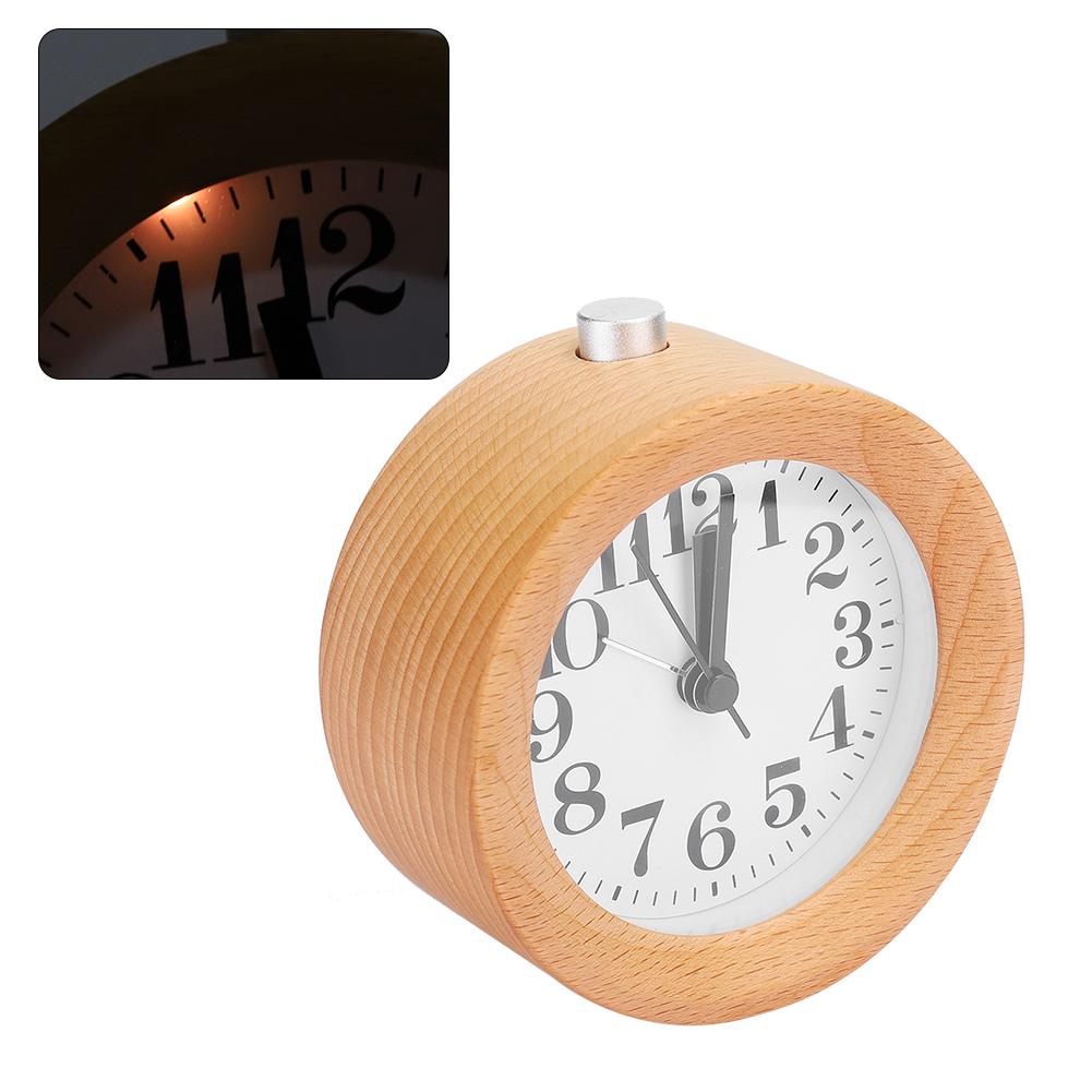 Beech Wooden Mute Silent Alarm Clock No Ticking for Home Office Desk Bedroom with LED Night